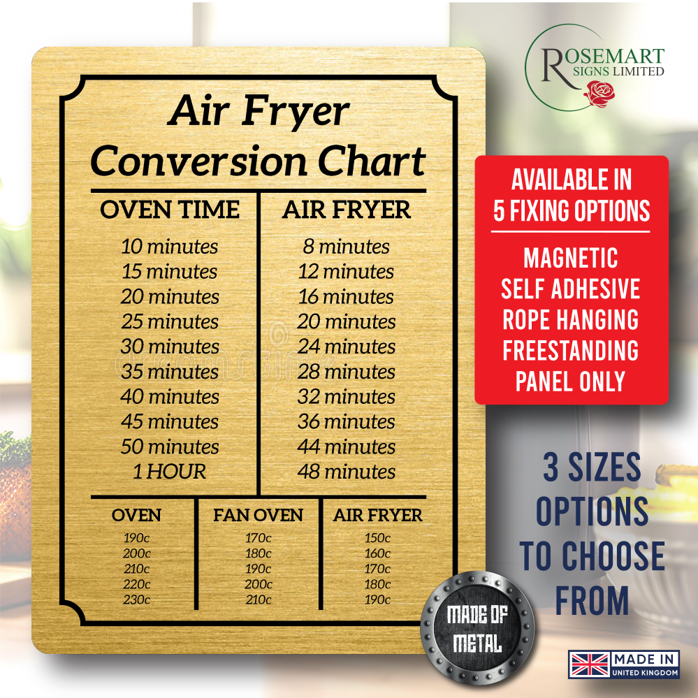 Air Fryer Conversion Chart Cooking Times Temp Oven Kitchen brushed gold Sign plaque