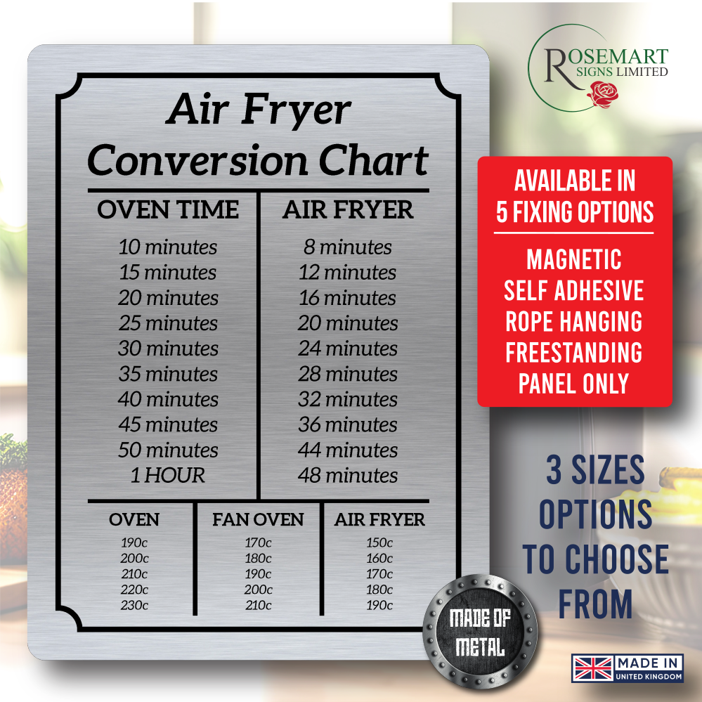 Air Fryer Conversion Chart Cooking Times Temp Oven Kitchen brushed silver Sign plaque