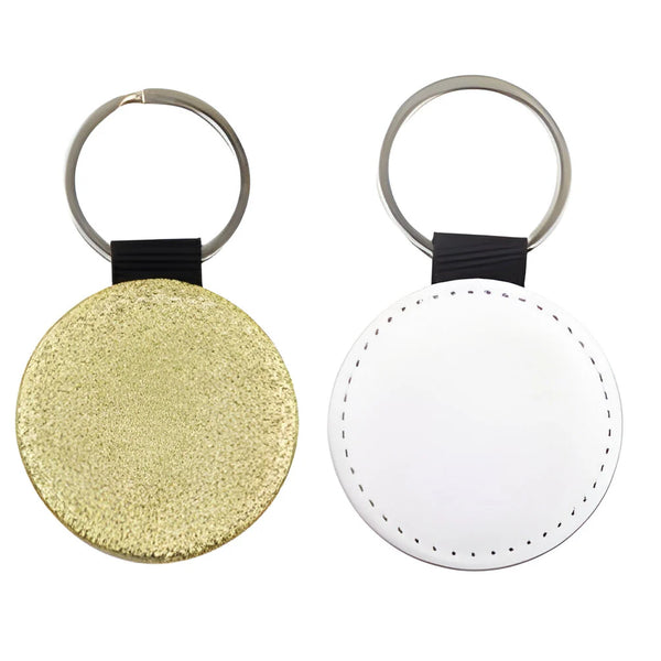 Personalised photo text logo printed round PU leather keyring. Ideal Gift. Gold