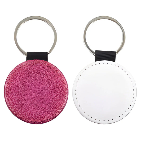 Personalised photo text logo printed round PU leather keyring. Ideal Gift. Pink