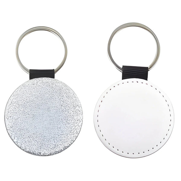 Personalised photo text logo printed round PU leather keyring. Ideal Gift. Silver