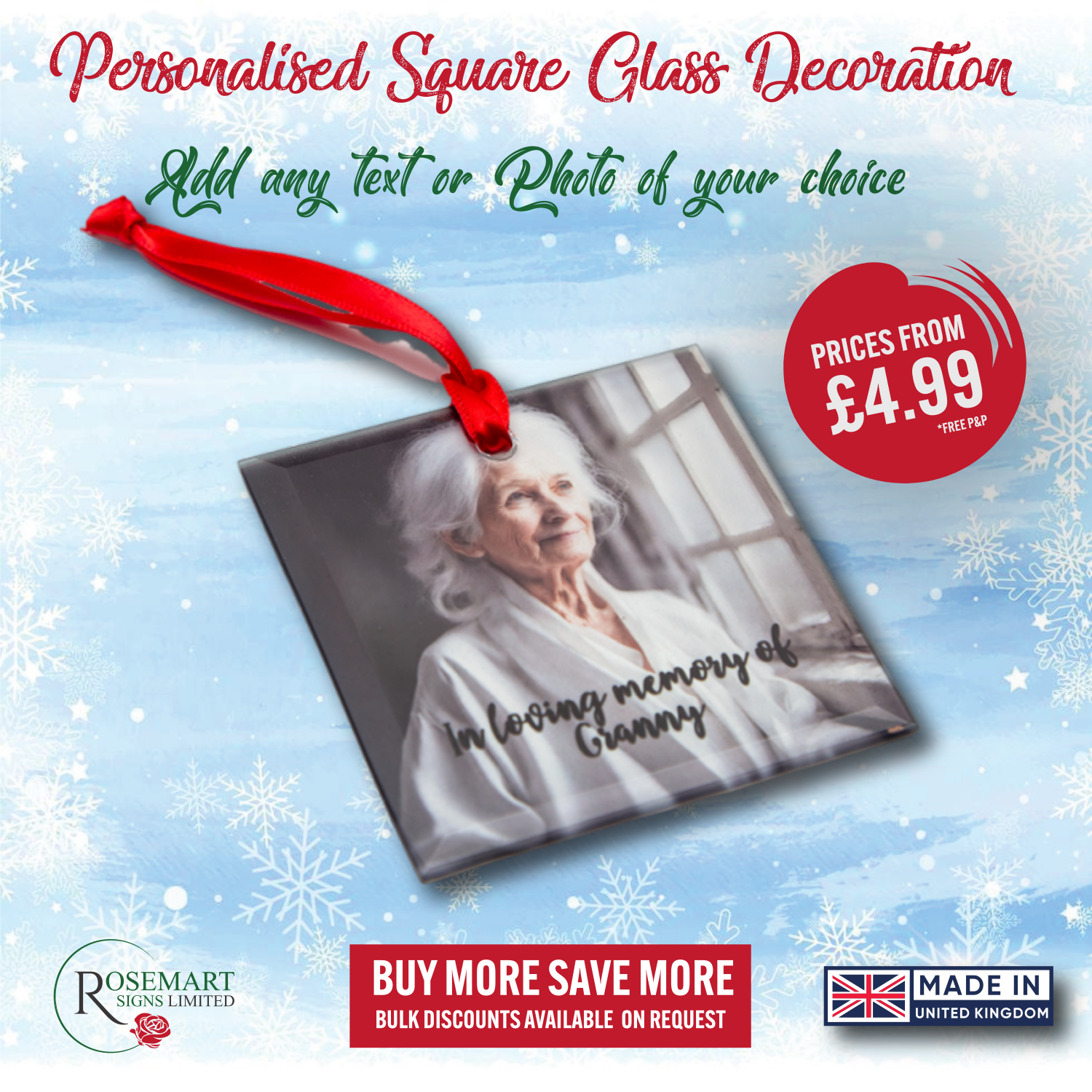 Personalised photo text printed square glass tree decoration