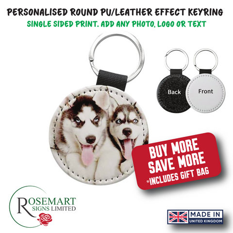 Personalised photo text logo printed round PU leather keyring. Ideal Gift. Black