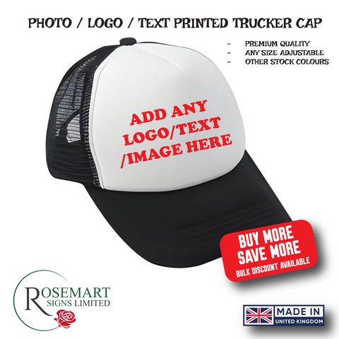 PERSONALISED WHITE / BLACK TRUCKER CAP ~ ANY TEXT / LOGO / IMAGE PRINTED. One size Adult