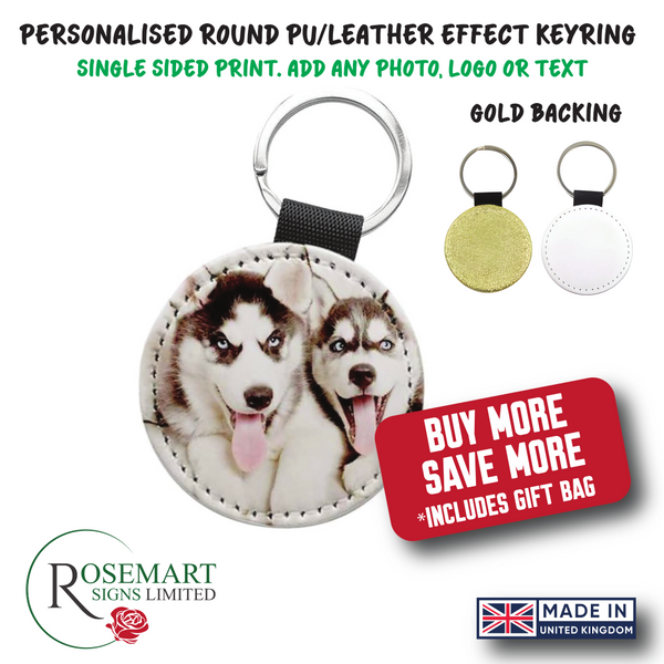 Personalised photo text logo printed round PU leather keyring. Ideal Gift. Gold