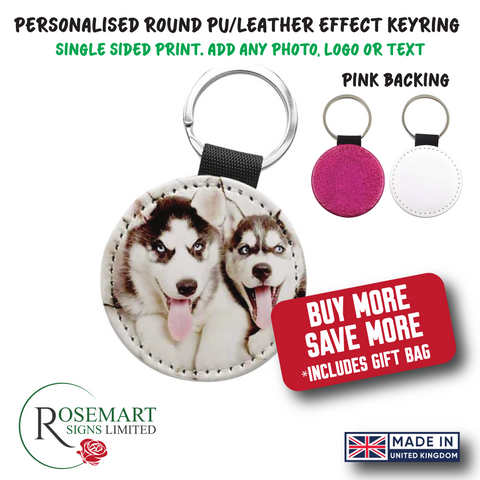 Personalised photo text logo printed round PU leather keyring. Ideal Gift. Pink