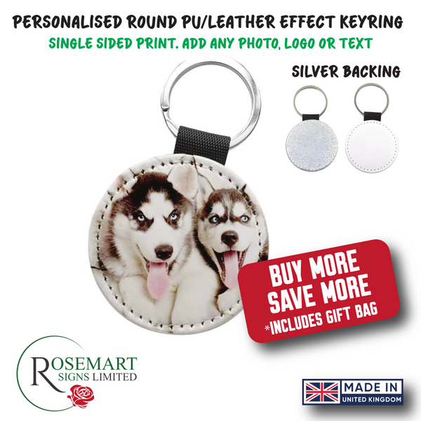 Personalised photo text logo printed round PU leather keyring. Ideal Gift. Silver