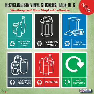 Mixed Recycling Bin Sticker sign pack. Pack of 6