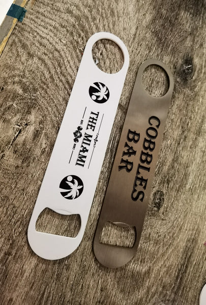 Personalised text or logo printed Bar Blade Bottle Opener . Single or Double sided