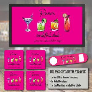 Peronalised Cocktail bar Home bar runner, coaters and bottle opener gift bundle set