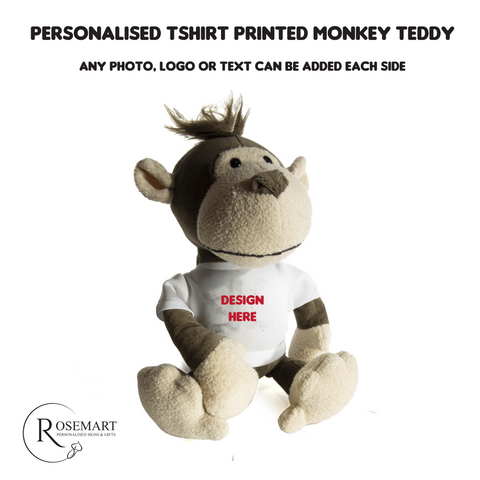 Personalised Printed Monkey teddy bear with printed tshirt. Any photo text