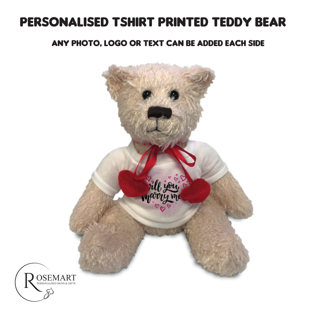 Personalised Printed Love heart teddy bear with printed tshirt. Any photo text
