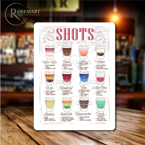 Shots Menu Recipes Home Bar pub man cave metal sign