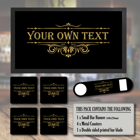 Peronalised Traditional themed Home bar runner, coaters and bottle opener gift bundle set