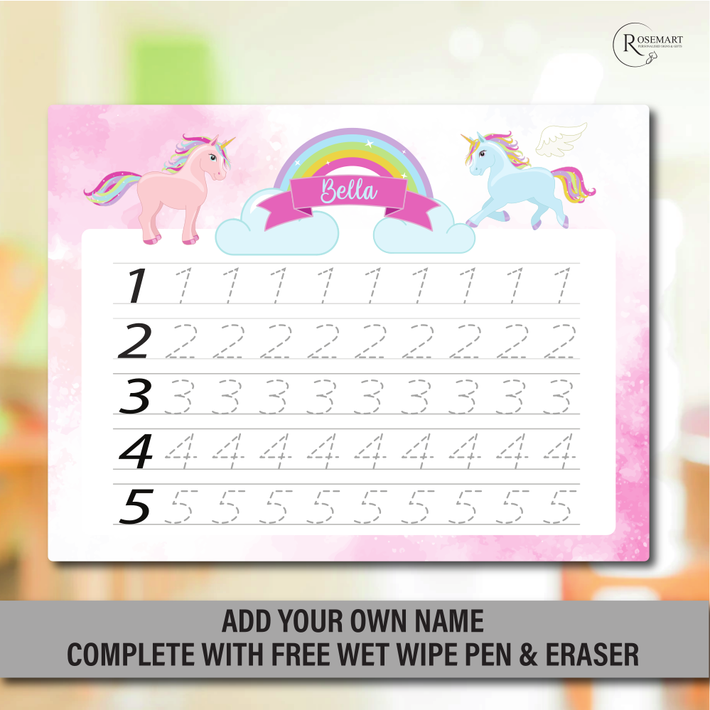 Personalised Children’s number writing practice Board with pen. Unicorn Design