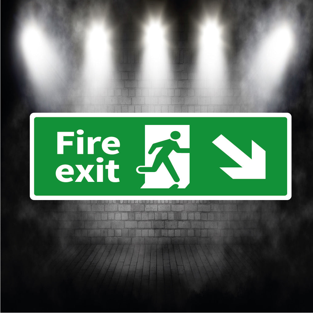 Fire exit sign arrow down right metal sign plaque